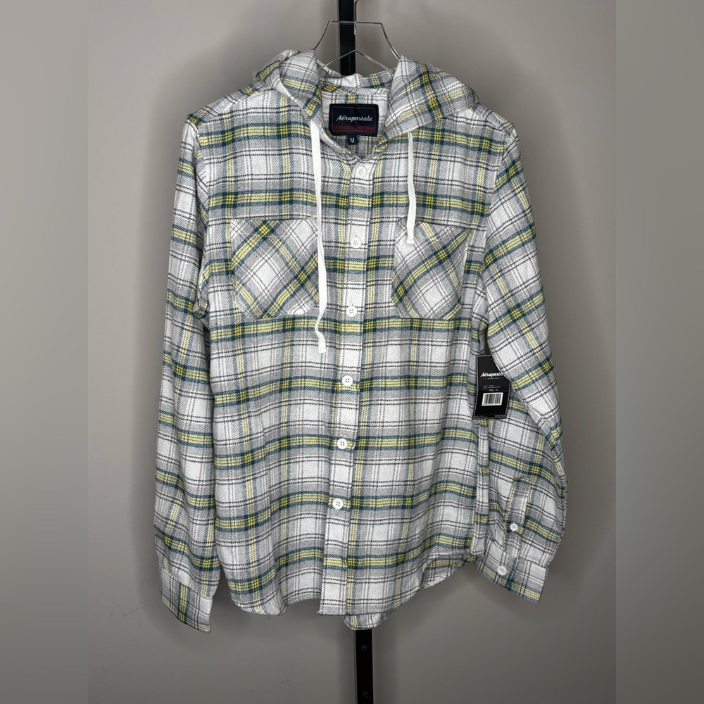Aeropostale Green‎ Plaid Hooded Flannel Shirt